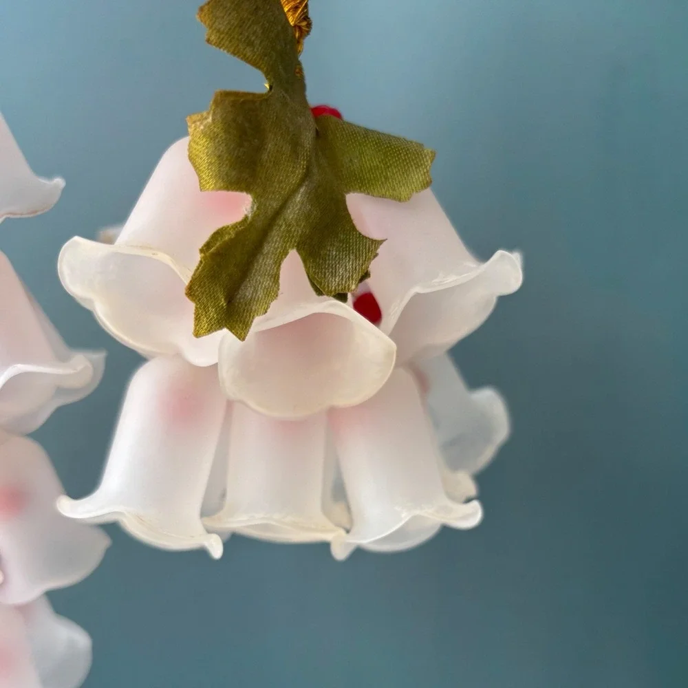Vintage Glass Frosted Lily of the Valley Bell Flower Clusters Red Berry 2pc